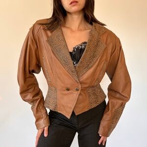Vintage 80s Adler Leather Brown & Leopard Accent Cropped Jacket Women Size Large
